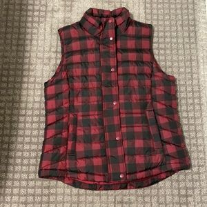 Womens red and black plaid puffer vest